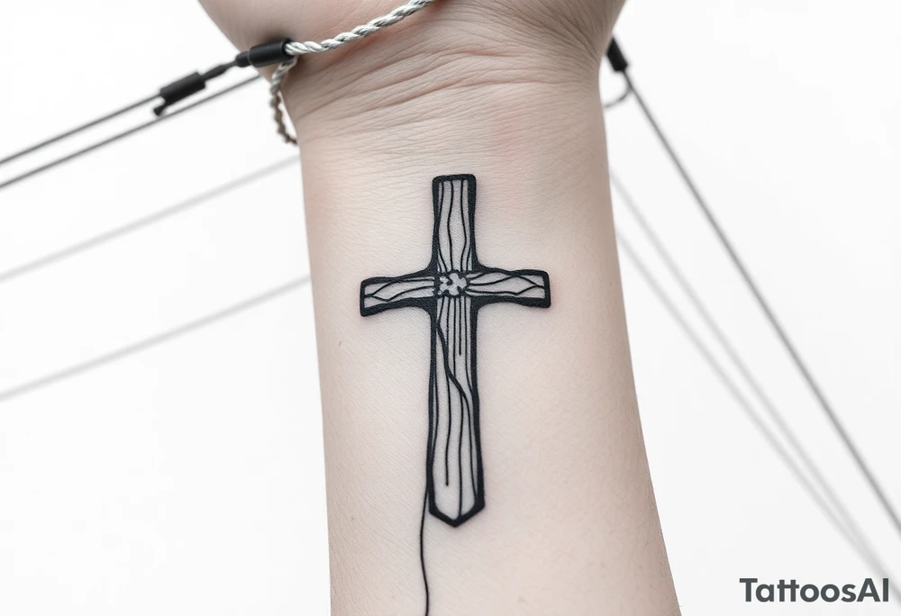 a wooden 12kv distribution pole with electrical lines. Make the pole a cross that has a hidden resemblance to god. tattoo idea