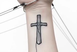 a wooden 12kv distribution pole with electrical lines. Make the pole a cross that has a hidden resemblance to god. tattoo idea