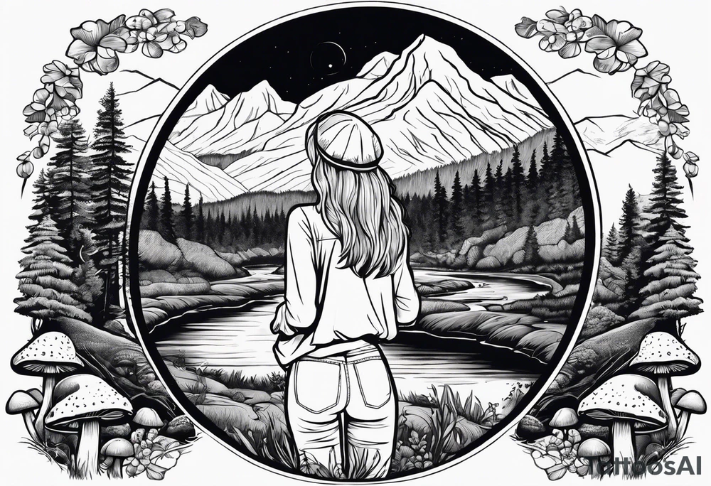 Whole picture encircled fully

Straight long blonde hair hippie girl in distance holding mushrooms in hand facing away toward mountains and creek surrounded by mushrooms long sleeve shirt and hiking pants; whole rendering within a full circle, no cut off circle tattoo idea