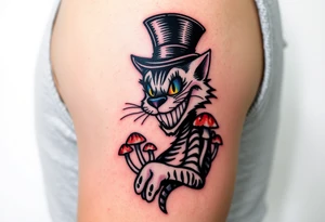 colourful Cheshire Cat from Alice in Wonderland, with a top hat on its head and mushrooms tattoo idea