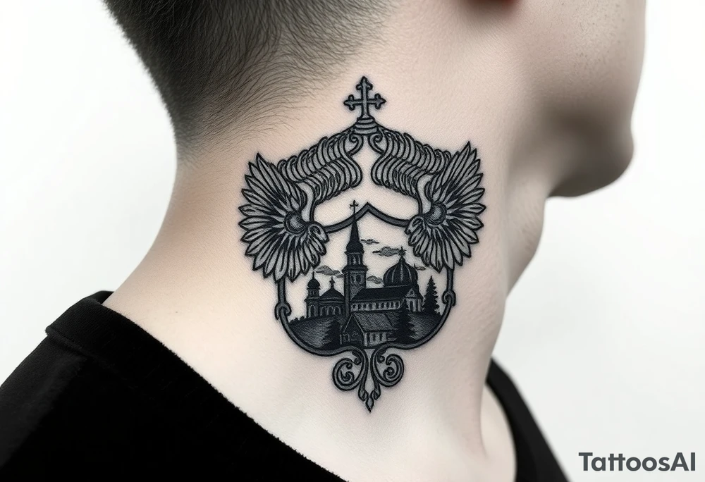 Traditional authentic Russian coat of arms with a Christian orthodox virgin marry in the middle and silhouette in a Russian wilderness Christian orthodoxy dome church village setting on the side of my neck tattoo idea