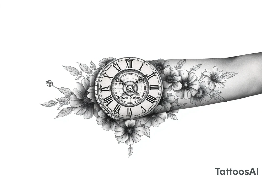 vintage roman numerals within ornate clockwork mechanism, flowers, with Darcie, Marni and Shaylen written throughout design tattoo idea