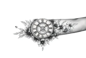vintage roman numerals within ornate clockwork mechanism, flowers, with Darcie, Marni and Shaylen written throughout design tattoo idea