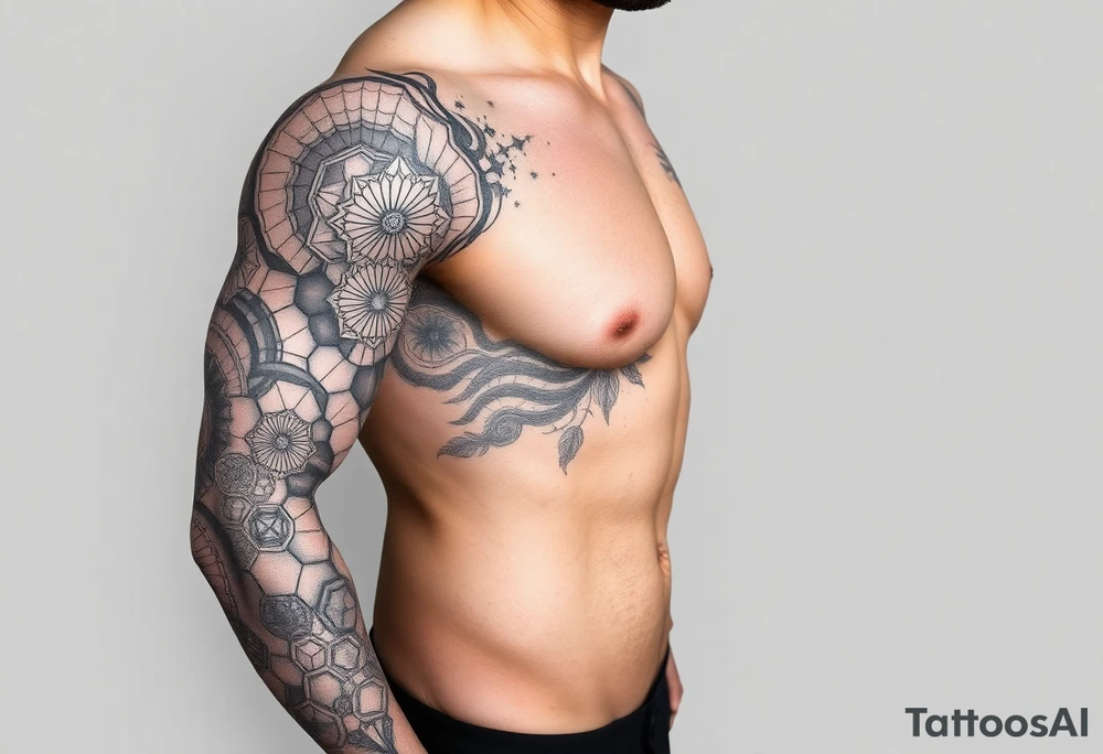 design a full “sleeve” tattoo that consists of a base layer of abstract hexagon pattern overlaid with a little blackwork abstract while incorporating the top tattoo and integrating slight biomech designs tattoo idea
