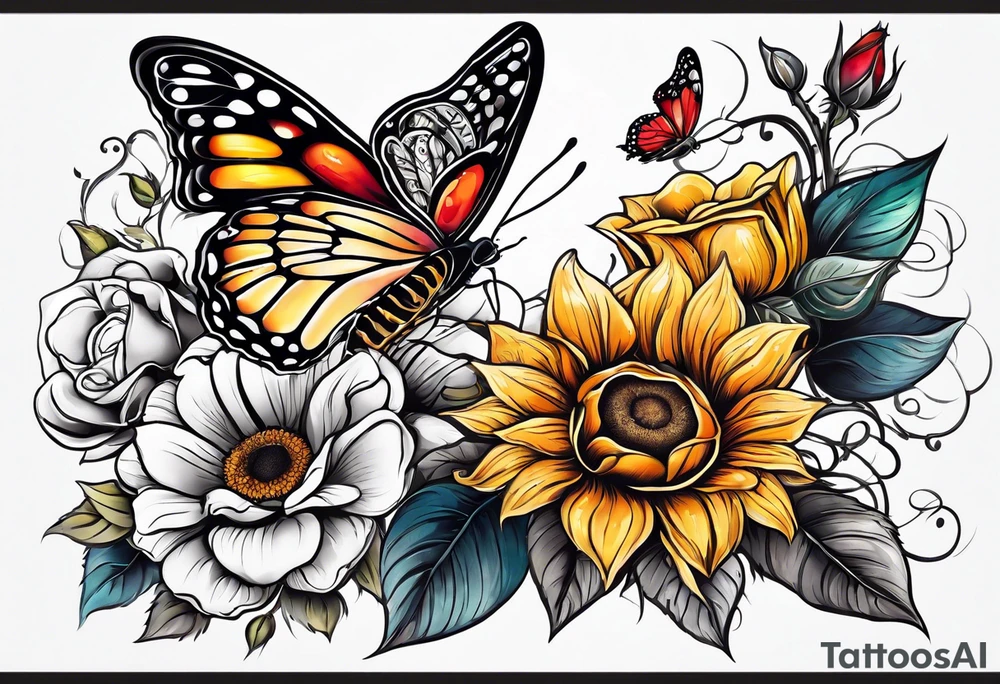 animal butterfly , flower rose, sunflower, tattoo idea