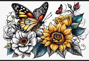animal butterfly , flower rose, sunflower, tattoo idea