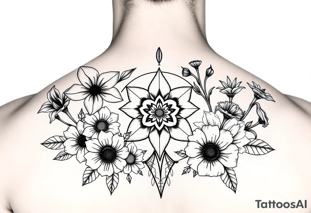 Narcissus, marigold, daisy, larkspur and gladiolus Flowers surrounding tribal piece tattoo idea