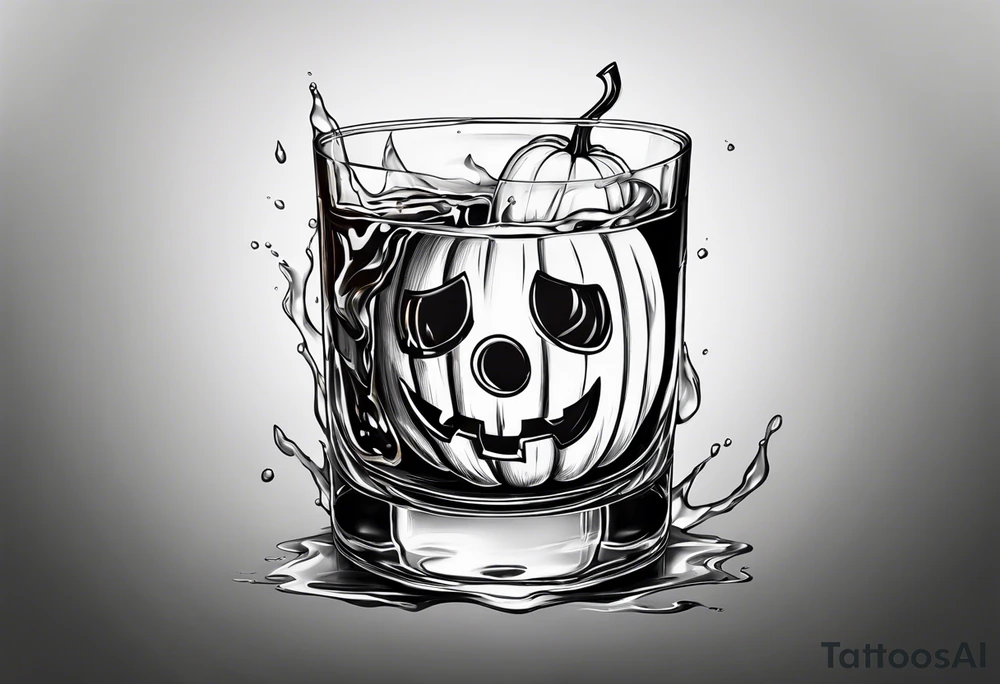 glass of whiskey but the ice cube is a jack-o-lantern tattoo idea