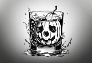 glass of whiskey but the ice cube is a jack-o-lantern tattoo idea