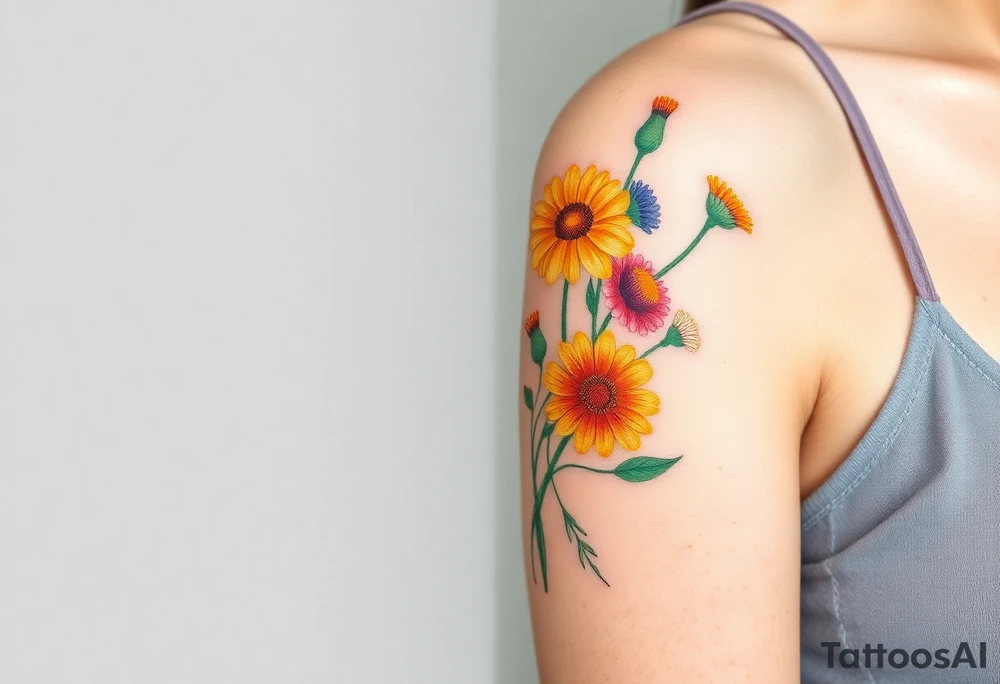 Create an image of an upper arm tattoo (from shoulder cap to just above the elbow) comprised of California poppies, California blackberries, gray’s lupine, marsh marigold, Indian paintbrush, one daisy, and an orange and orange blossom. More realistic and Use color. Bigger bundle and less stems tattoo idea