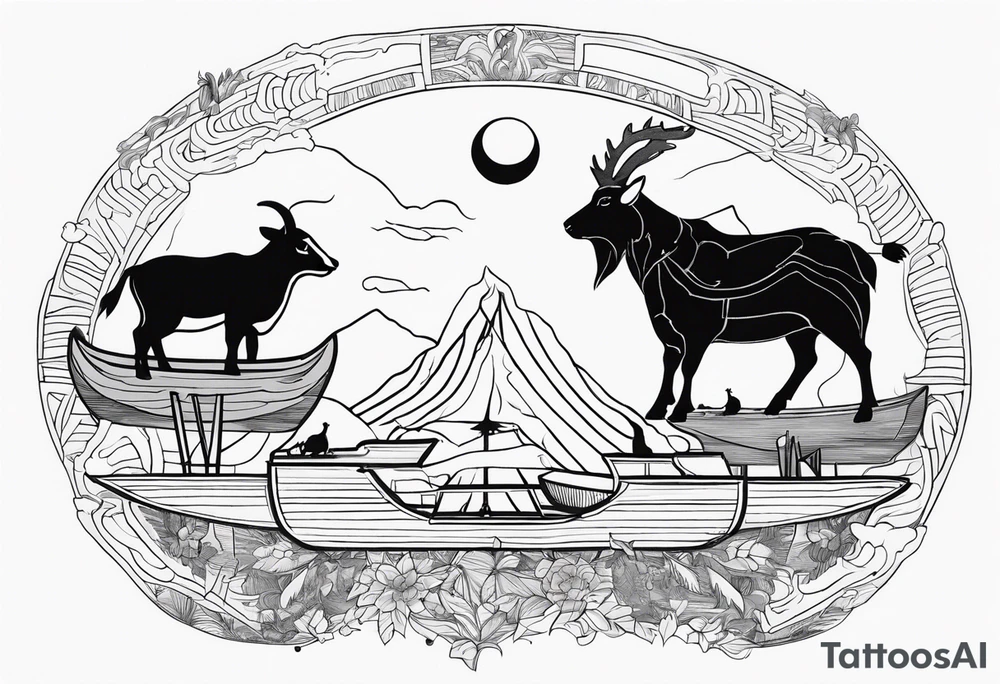 A badger, a goat and a reindeer on an ark inside the outlines of Map of Mallorca tattoo idea