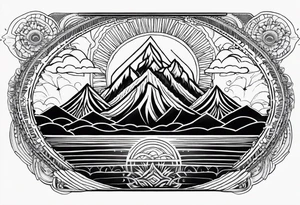 Mandala inspired Sunrise in Front of a night Sky. Mountain rage and sea Waves tattoo idea