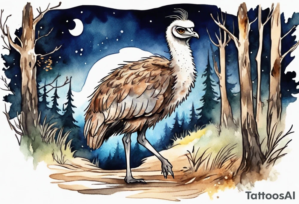 an emu with the head of a barn owl walking on a forest path at night tattoo idea