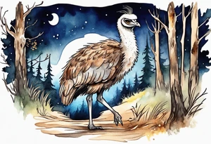 an emu with the head of a barn owl walking on a forest path at night tattoo idea