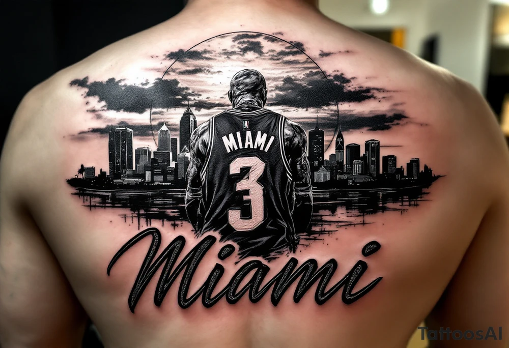 Detailed Miami city skyline at sunset, Miami heat basketball jersey number 3 artistically integrated with the sunset, artistically blend elements of rap music culture throughout image using powerful suggestive imagery, Miami spelled with graffiti style font curving text under entire image tattoo idea