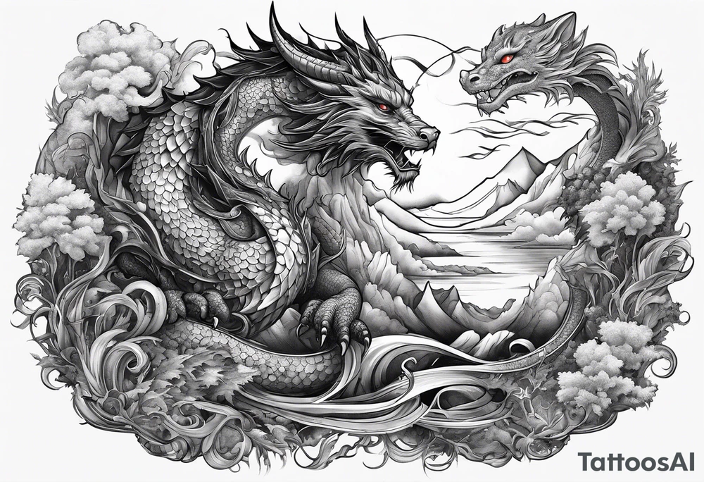 cat and dragon in landscape tattoo idea