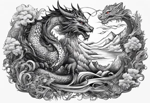 cat and dragon in landscape tattoo idea