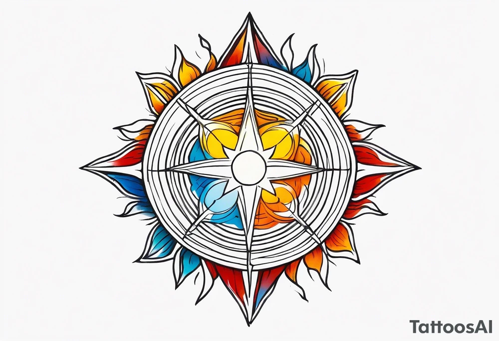 sunburst with yellow, orange, red, and blue colors tattoo idea