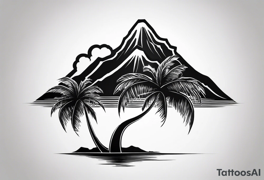 fineline tattoo of a palm tree with a volcano on the back tattoo idea