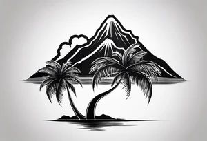 fineline tattoo of a palm tree with a volcano on the back tattoo idea