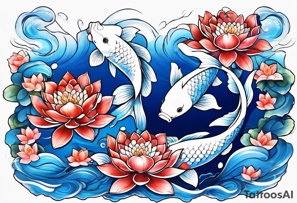 Two Blue and white  Koi swimming between and lotus flowers tattoo idea