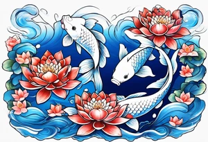 Two Blue and white  Koi swimming between and lotus flowers tattoo idea