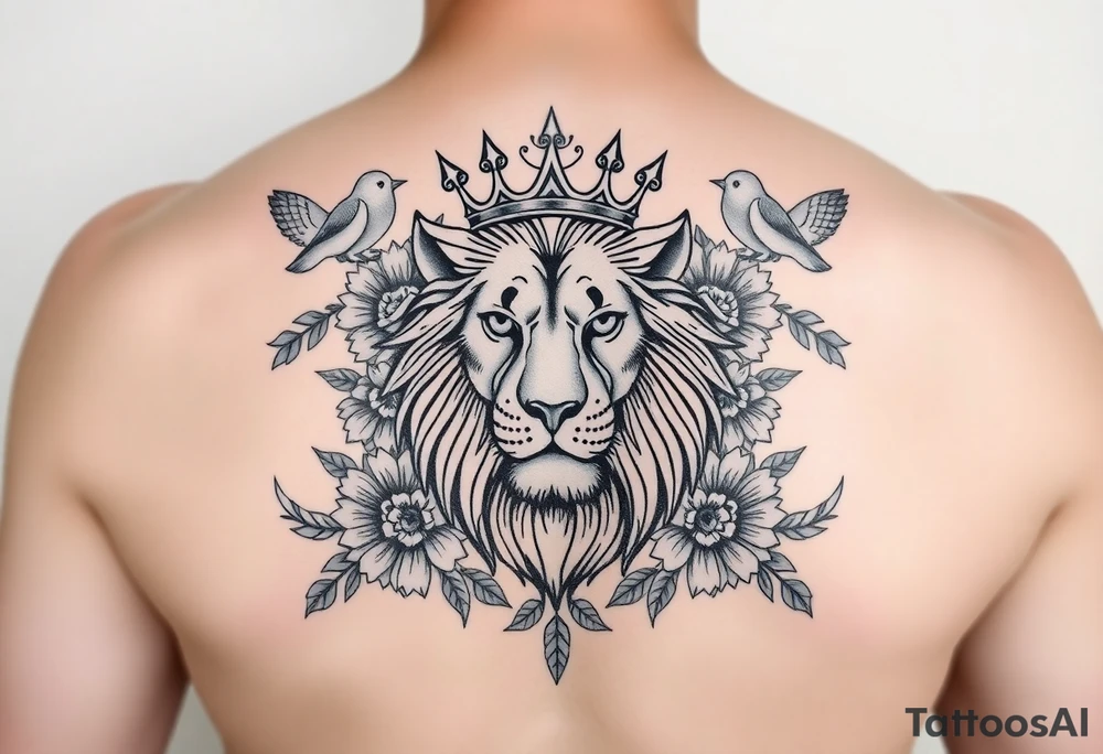 powerful majestic lion with a crown, surrounded by floral ornaments and birds tattoo idea