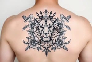 powerful majestic lion with a crown, surrounded by floral ornaments and birds tattoo idea