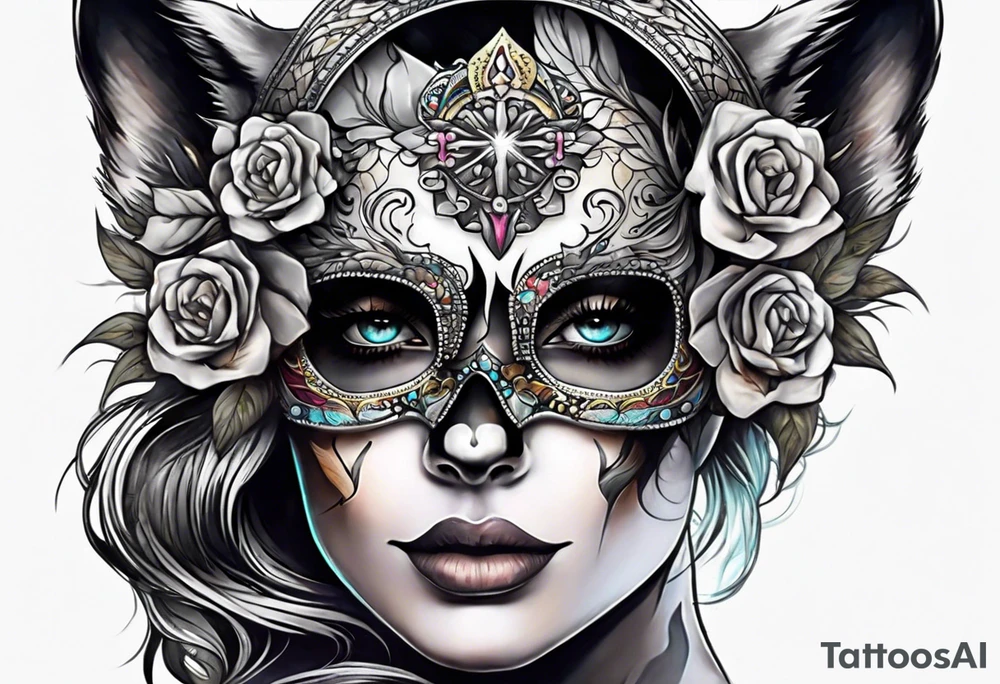 Wolf skull on woman’s head tattoo idea