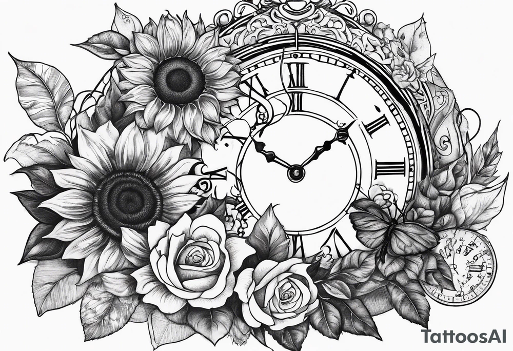 Sunflower, roses, witchy, 3 pocket watches, celestial, music, self care tattoo idea