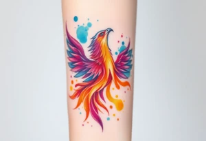 Phoenix in flames with purple, blue, orange, teal and green splashes, looking upwards with angry eye. No black outline. tattoo idea