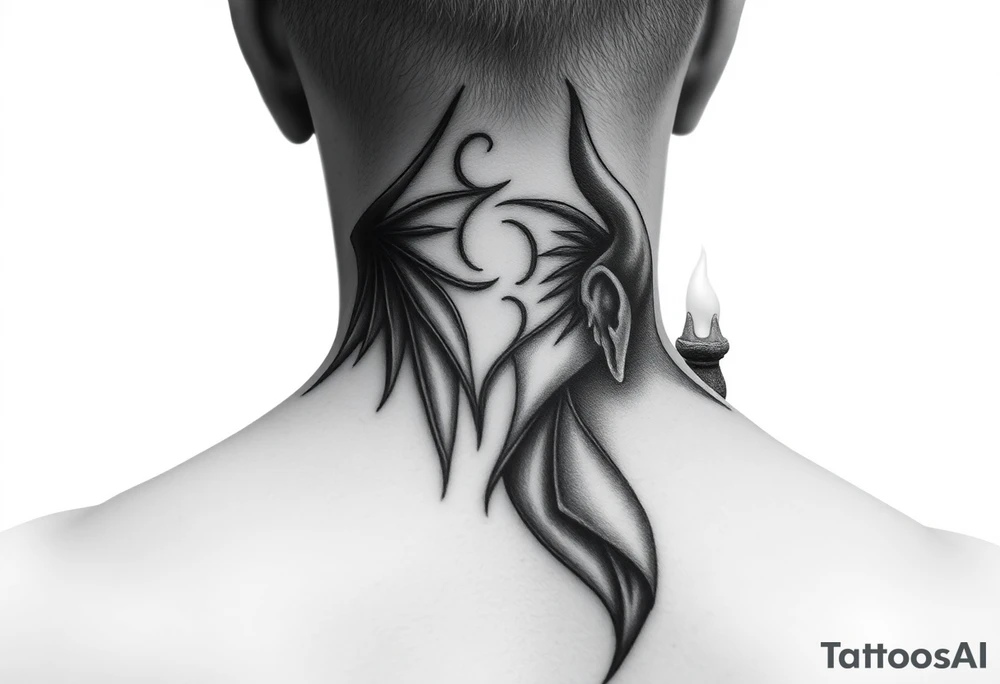 position behind the neck Angel (on the right) whispering in the right ear, demon (on the left) whispering in the left ear. It must be as realistic as possible. tattoo idea