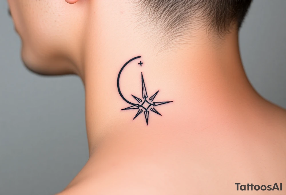 A minimalist crescent moon neck tattoo positioned just behind the ear. The crescent moon is thin and curves to the left. A sharp vertical line extends downward from the inner curve of the moon, intersecting with a symmetrical starburst shape at the center of the line. The starburst has four points — the top and bottom points are elongated, while the horizontal points are shorter, giving it a sleek and modern look. The design features clean, thin lines with a slightly hand-drawn feel, combining celestial and geometric elements. The tattoo follows the natural curve of the neck, giving it an elegant and balanced appearance. tattoo idea