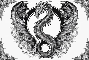 caduceus; intricate fine line and abstract with realism replace snakes with eastern dragons sleeve piece tattoo idea