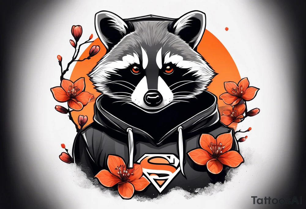 Raccoon wearing a white Superman logo on a black hoodie and orange Japanese cherry blossoms tattoo idea