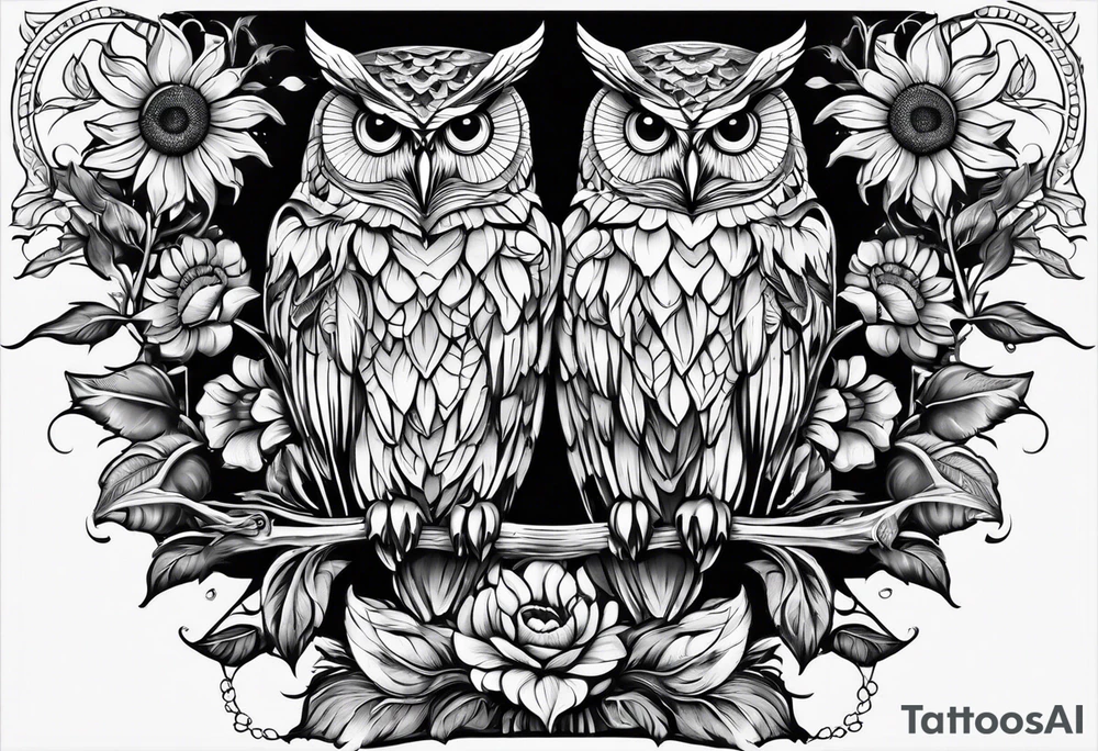 Owl and sunflowers quarter leg sleeves tattoo idea