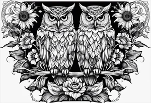 Owl and sunflowers quarter leg sleeves tattoo idea