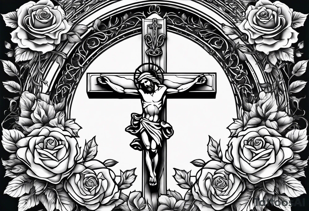 crucifix with vines and roses growing around it and sun beams coming from it tattoo idea