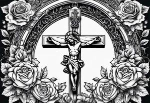 crucifix with vines and roses growing around it and sun beams coming from it tattoo idea