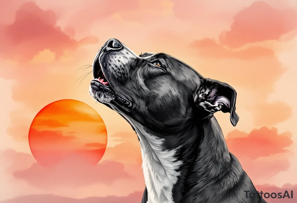 Pitbull howling in front of a sunset, silhouette-style with black fur outlines, warm orange, red, and pink sky blending in the background for a serene yet powerful effect. tattoo idea