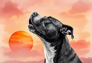 Pitbull howling in front of a sunset, silhouette-style with black fur outlines, warm orange, red, and pink sky blending in the background for a serene yet powerful effect. tattoo idea