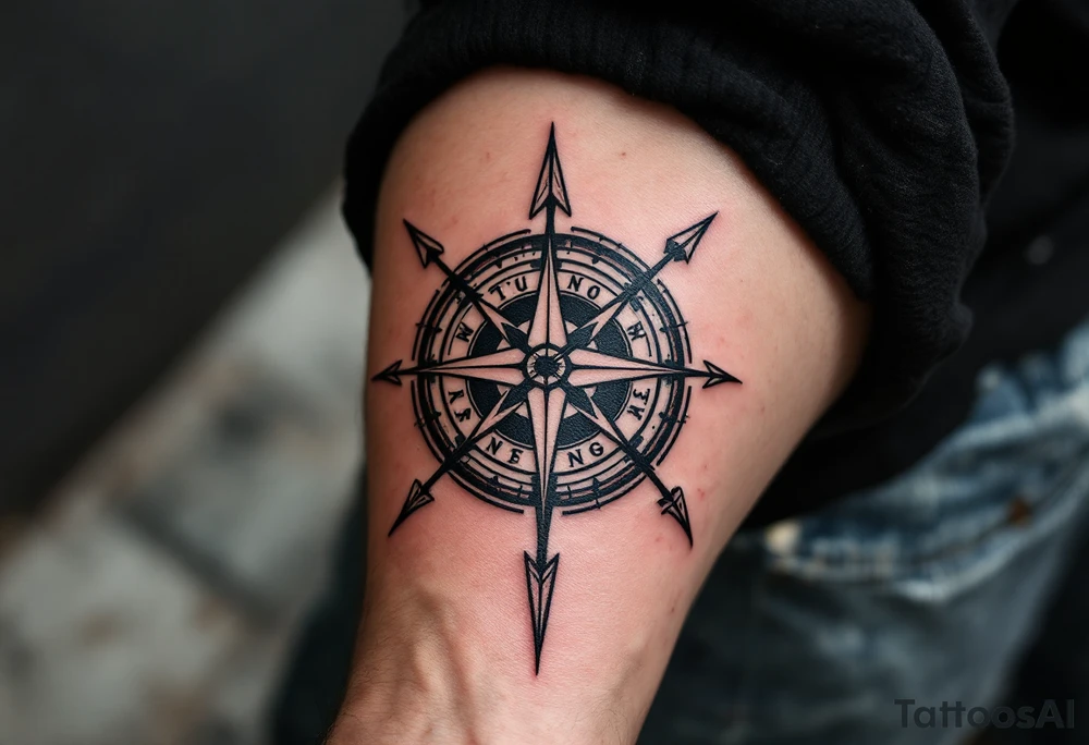 Rustic half compass with a long native American arrow pointing at my wrist with the words “True North” and says "Isaiah 40:31" tattoo idea