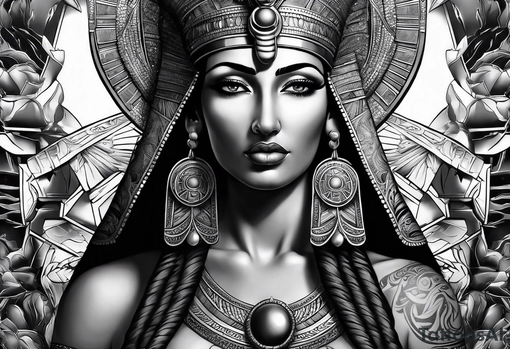 black and gray photo realistic goddess isis tattoo idea