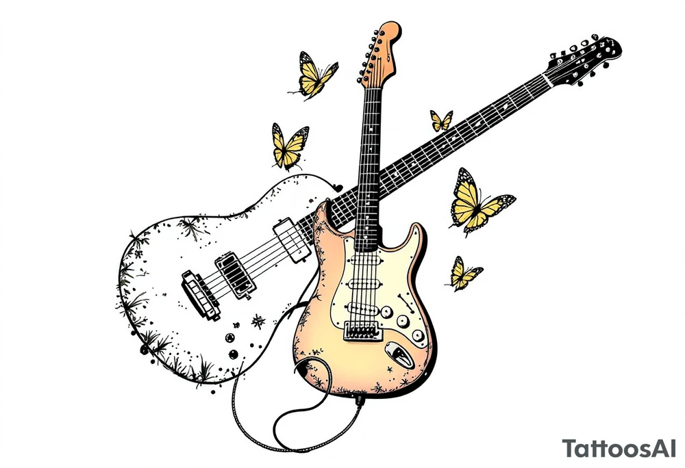 An electric guitar plugged into an amp with 5 butterflies flying around it tattoo idea