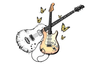 An electric guitar plugged into an amp with 5 butterflies flying around it tattoo idea