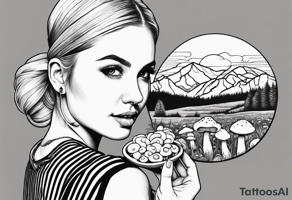 Straight blonde hair girl holding mushrooms in hand facing away toward mountains surrounded by mushrooms circular design black and white striped dress tattoo idea