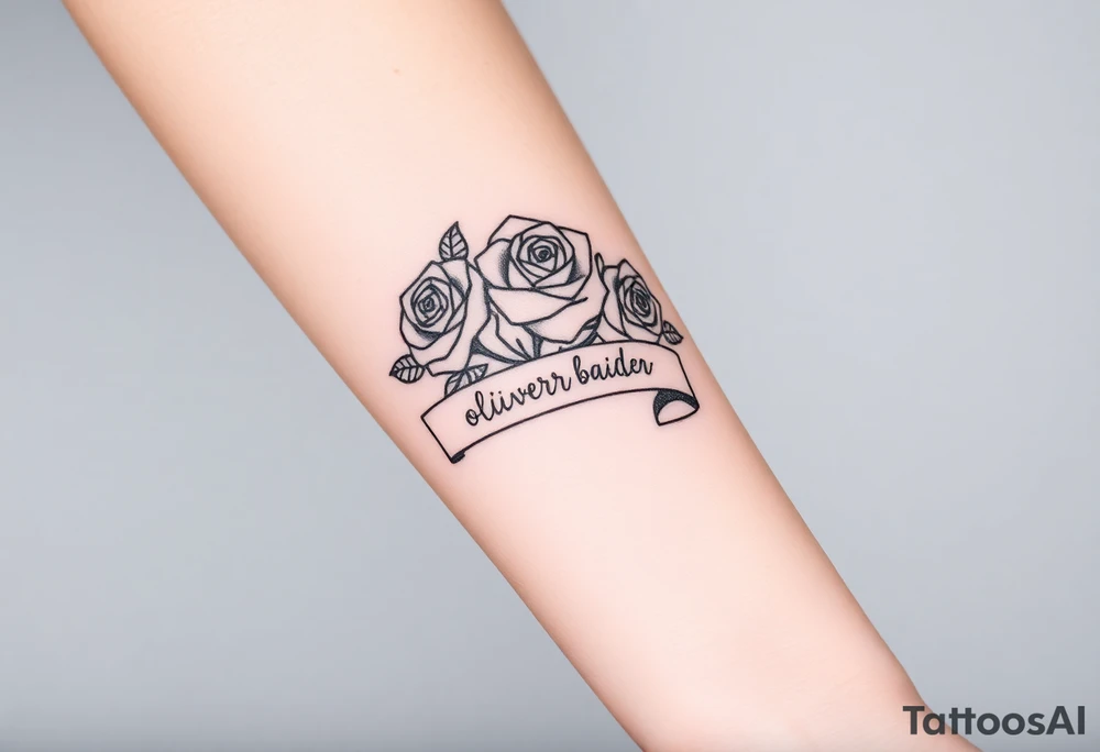 Roses and ribbon with 5 names in it Oliver Braiden Ava Zaleea Taydum tattoo idea