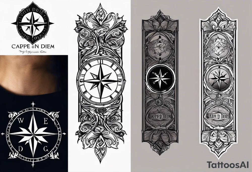 Create a tattoo design for a forearm that complements an existing 'carpe diem' scripted tattoo. The design should incorporate elements that symbolize the journey of life, achievements, and personal growth. Consider including symbols like a compass, the scales of justice, or abstract linework that represents life’s ups and downs. The style should be elegant, with a balance between detailed and minimalistic elements, ensuring it flows naturally with the existing tattoo. tattoo idea