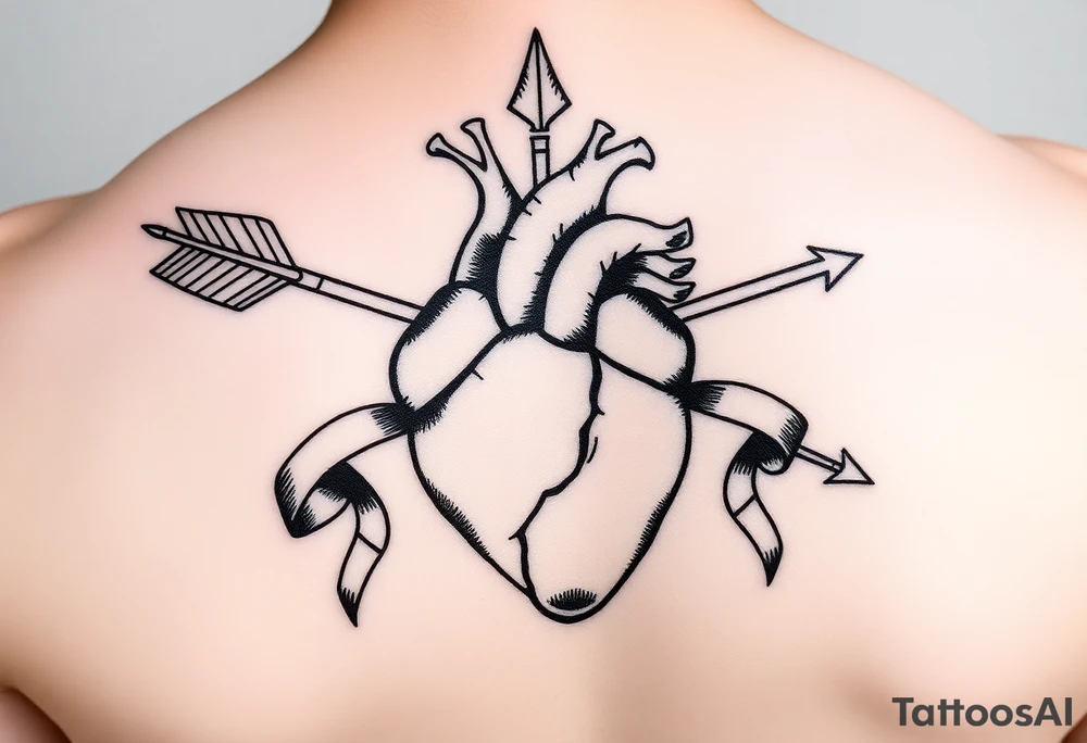 anatomical heart pierced by ornate arrow with flowing ribbons tattoo idea