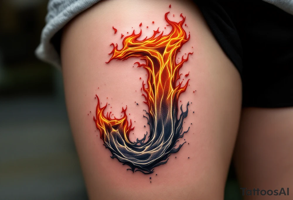Flaming "J" in gradient shades of orange, red, and smoky gray. tattoo idea